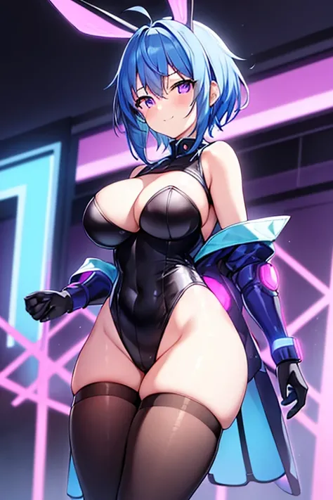 1girl, blue hair, large breasts, breasts, thick thighs, wide hips, purple eyes, bodysuit, black bodysuit, short hair, light smile, happy, very short hair, science-fiction, tech, futuristic, black pantyhose, neon, machinery, bunny ears, neon trim, anime sty...