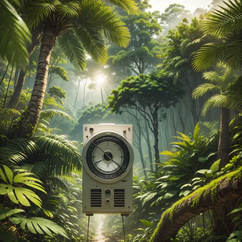 Large radio with Bahaus design, Amazon rainforest with trees, large view at a height of 1.80 m, beautiful image, with birds flying, realistic photo --auto --s2