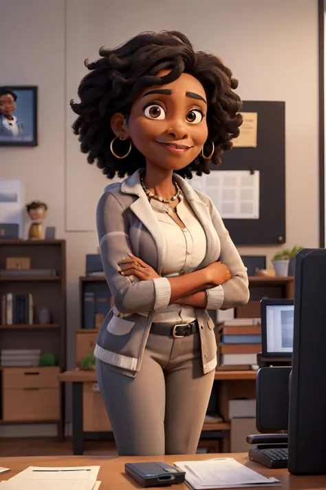 masterpiece, best quality ,Portrait of mid adult successful black mature woman looking at camera with arms crossed. Smiling african american business woman standing in new office .Portrait of mature woman.