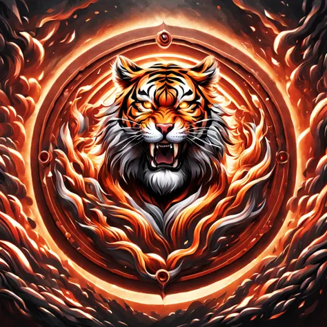 a tiger with a circular design on its face, with a circular background, vector art by shen zhou, shutterstock, digital art, digi...