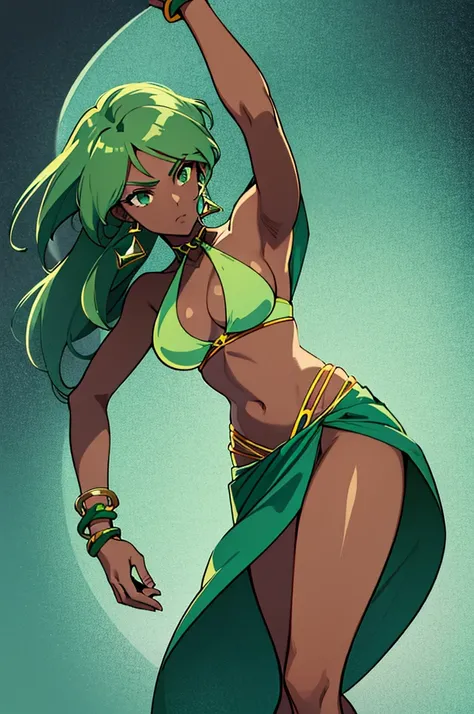 Dark skin woman, brown skin, long seafoam color hair with light green highlights, green emerald eyes, dark blue halter top, dark blue elbow length gloves, green emerald bracelets, bare legs, dark blue shorts, green emerald loincloth