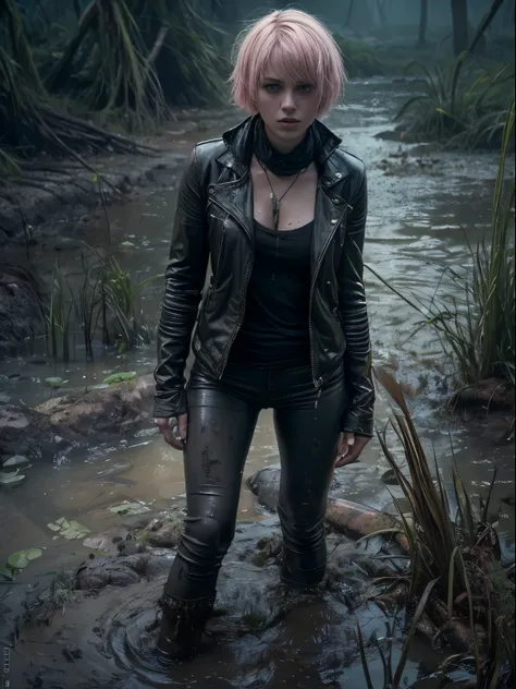 (Best Quality,hight resolution,Masterpiece, Overhead view:1.20),Ultra-detailed,The woman,Wide flares on jeans,sickly,drowning in a swamp,standingn:1.2, fetish, Posing, overcomes shame:1.3, (at the bottom of a mud pit:1.3),gloomy ecstasy,fetish,dark gloomy ...