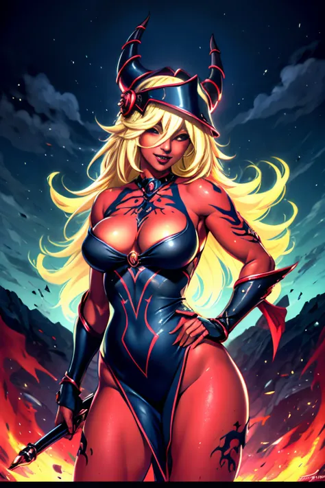 Gils ultra detailed dark wizards as Satan on the throne of hell., Diablesa, Vestido rojo sexy, alas de demonio, cabello rubio y largo. ojos azules. cuerno de demonio, Ojos realistas y detallados, Context of the chaos of hell and destruction, Reina malvada,...
