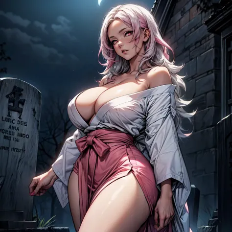 Masterpiece, 1girl,solo,huge breasts, ghost costume , (hitodama) ,night, tombstone, graveyard, long sleeves, very long sleeves, , ghost, pale skin,, off shoulder, cleavage, no bra, (((extremely long white hair))), standing by tombstone, bare legs, shredded...