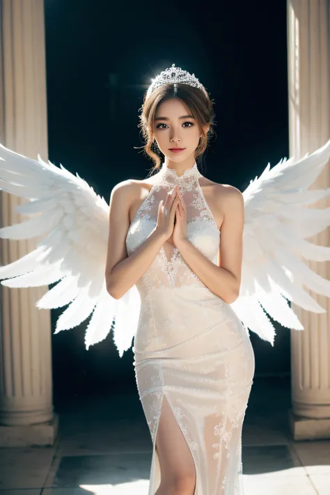 bride dressed in white、Whole body、8K、realphoto、超A high resolution, Master Parts, Best Quality, nffsw , cinematic images,Lovely girl、ann、1６years old、Anglo-Saxon、Green eyes、二重まぶた、very droopy eyes、（very, Very big eyes：1.８）、Dark eye shadow、The lips are very th...