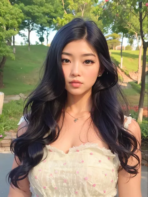 um close up de uma mulher com cabelo comprido usando um vestido, Asian girl with long hair, cabelos pretos longos ondulados, com cabelos longos e olhos penetrantes, large eyes and flowing long hair, ondulado longo - comprimento cabelo preto, longos cabelos...