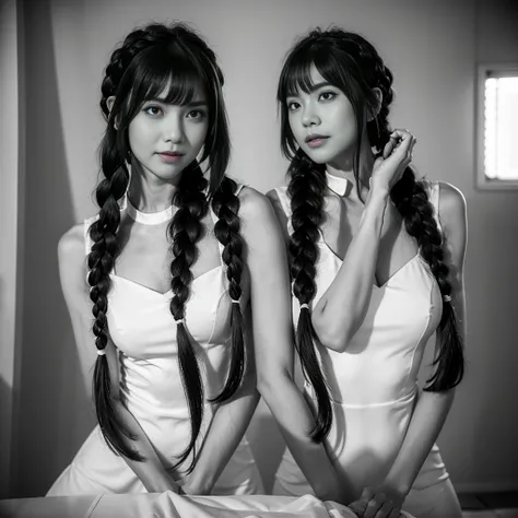 lynn minmay, 1girl, solo, monochrome, braid, looking at viewer, dress, long hair, traditional media, signature, bangs, makeup, own hands together, black hair, upper body, lipstick, drill hair, artist name, twin braids, bridal gauntlets, sleeveless