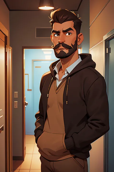 33-year-old man, short quiff hair, brown skin, mustache and not very long beard, medium nose, brown eyes, wearing a black polo collar shirt and a blue hoodie, while looking at his cell phone in a white hallway