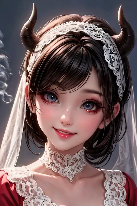 a close up of a demon girl smiling in a lace cloth outfit, black hair, red smokey eyes makeup, choke