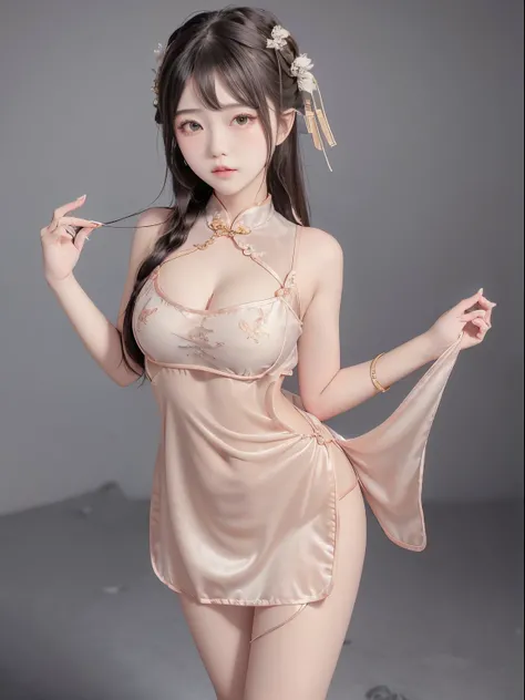 Young girl cute 10 yeard old, necklace ,Cheongsam, belly cutout, abdomen cutout, cleavage, transparent,focus big breasts,, short dress silk , petticoat lace