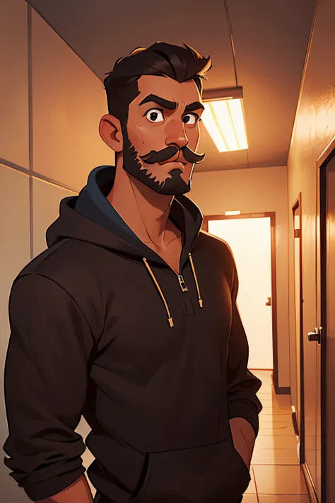 33-year-old man, short quiff hair, brown skin, mustache and not very long beard, medium nose, brown eyes, wearing a black polo collar shirt and a blue hoodie, while looking at his cell phone in a white hallway