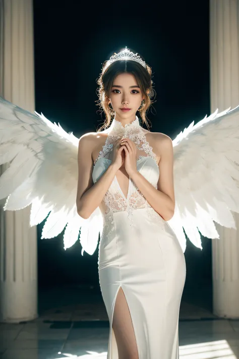 In front of the church stained glass、bride dressed in white、Whole body、8K、realphoto、超A high resolution, Master Parts, Best Quality, nffsw , cinematic images,Lovely girl、ann、1６years old、Anglo-Saxon、Green eyes、二重まぶた、very droopy eyes、（very, Very big eyes：1.８）...