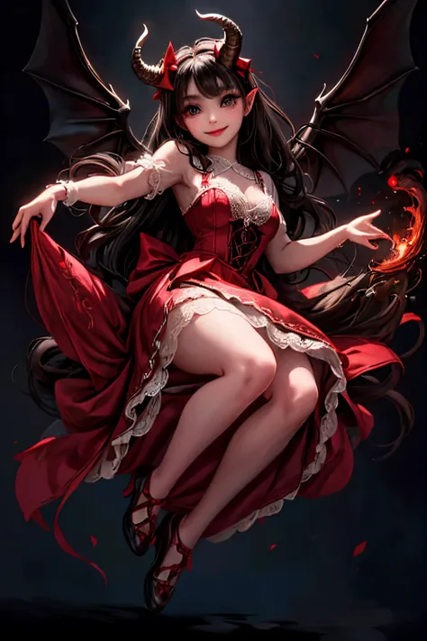 masterpiece, best quality, detailed face, a (horned demon girl) smiling, wearing a lace cloth dress, black hair, red smokey eyes...