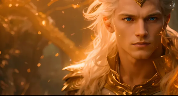 a close up of a person with blonde hair, still from a fantasy movie, colorful lightning cinematic, dragon design language, the prince of pleasure, golden and silver colors, firestorm, alpha, intense albino, magestic