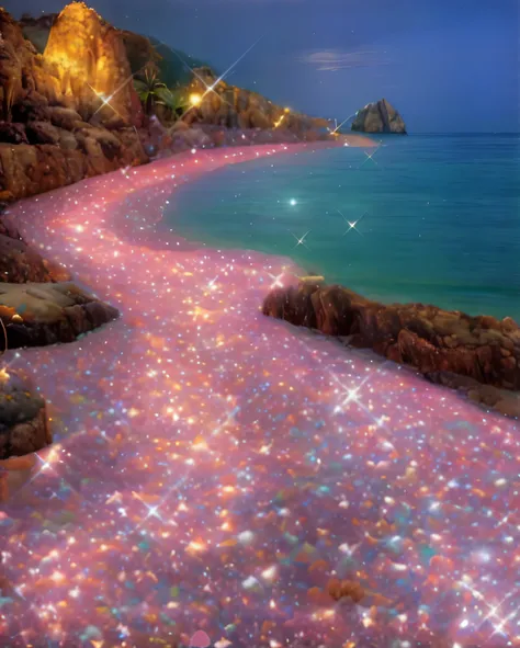 a close-up of a beach with lots of rocks and water, magical beach, enseada espumante, magical sparkling lake, very magical and dreamy, magical ocean, beautiful dreamy breathtaking, glowing crystals on the ground, pink jellyfish everywhere, a paradise like ...