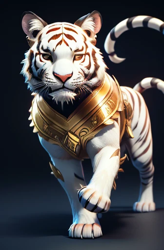 masterpiece, best quality, white tiger, animal, scary, walk on all four limbs, two tails, gold Asian armor, simple background, solo