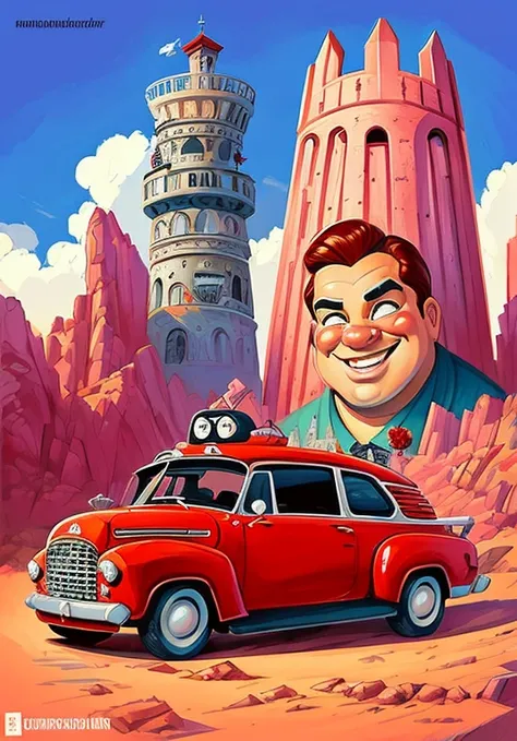 uma caricatura de um homem dirigindo um carro vermelho com uma torre ao fundo, caricature illustration, estilo caricatura, arte de pintura digital dos desenhos animados, arte dos desenhos animados, air brush illustration, pintura digital dos desenhos anima...