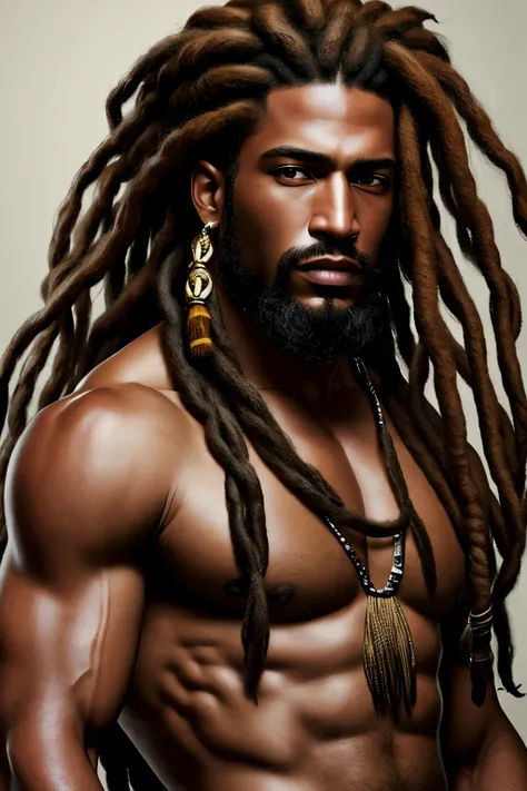 masterpiece, best quality, realistic, photorealistic, half body shot of a dreadlock mercenary, armed to the teeth