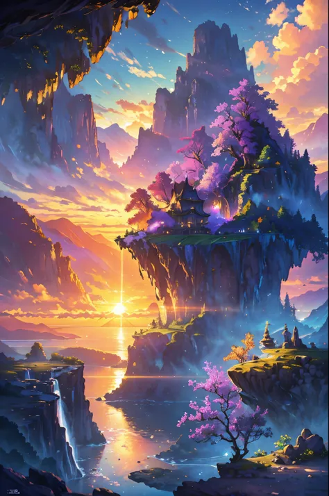 best quality,4k,8k,highres,masterpiece:1.2,ultra-detailed,realistic:1.37,landscape,colorful,backlit lighting,floaty,impressive rocks,tropical,towering waterfalls,glimmering sunlight,peaceful,breathtaking view,serene atmosphere,unique and surreal,majestic f...