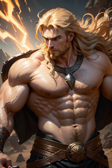 A painted portrait of stout THOR almighty god of thunder holding Mjolnir using the Megingjard belt, norse god, blond hair, male, mature, handsome, upper body, muscular, hairy torso, fantasy, intricate, elegant, highly detailed, digital painting, art statio...