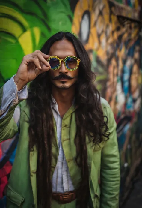 ButterflyEffect photographing a mesmerizing street art performance during a cultural festival.,original,ButterflyEffect has long hair and wire rim glasses. He has a hook nose and bright green eyes.