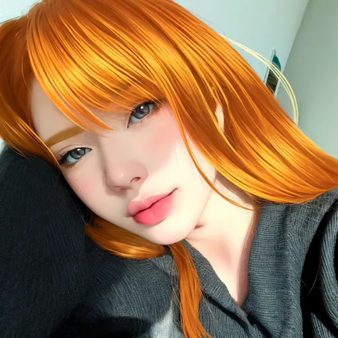 hay una mujer con cabello naranja y una camisa negra, Estilo realista de anime 3D, realistic artistic style, realistic anime artstyle, Retrato realista kawaii, Estilo de realismo de anime, realismo artstyle, Estilo anime semirealista, Estilo de arte fotorr...