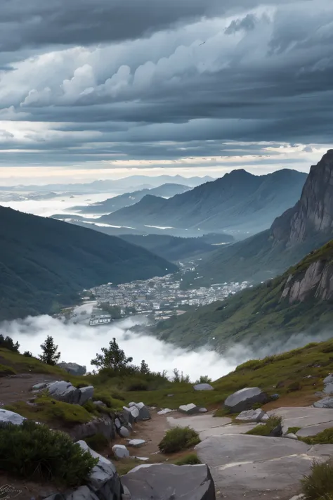 Former landscape, mountainous terrain, hilly region, cloudy sky, grey clouds, no sun, stormy