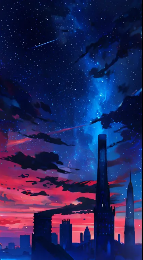 towers of god, blue towers, violet, blue, red, god, red sky, violet sky, starry sky, stars, starry towers, starry god, light blue, civilization, order