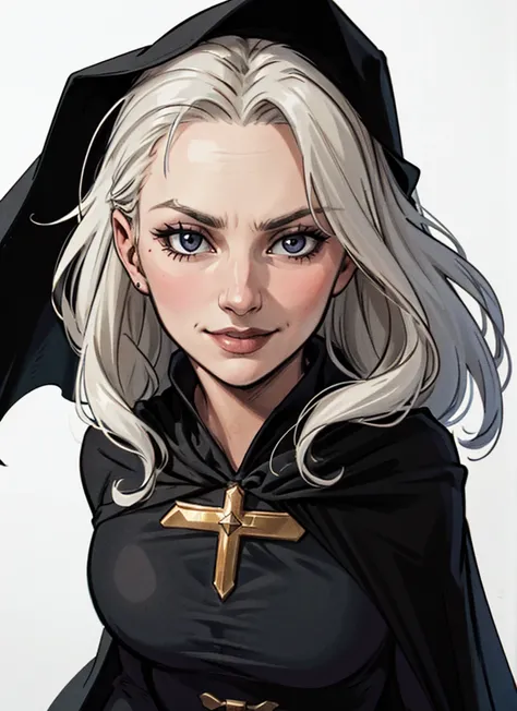 a close up of a girl wizard wearing a cape and a dress, with a long black cape, wearing black clothes and cape, white background, facing camera. Friendly face.