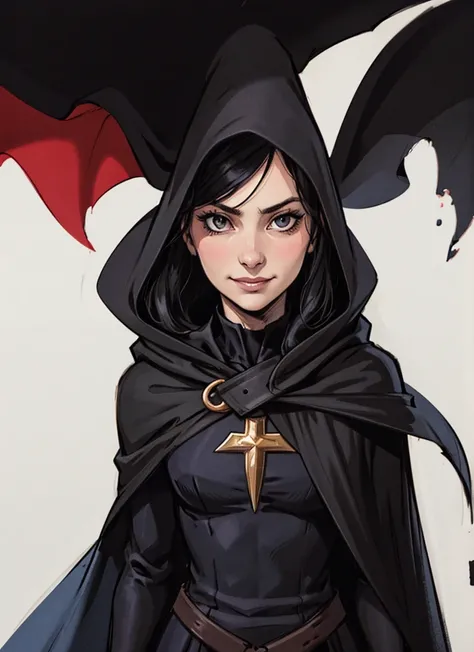 a close up of a girl wizard wearing a cape and a dress, with a long black cape, wearing black clothes and cape, white background, facing camera. Friendly face.