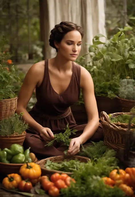 A photo of Katniss carefully tending to a small, hidden garden of herbs and vegetables.,The Hunger Games Trilogy,Katniss Everdeen, the protagonist of “The Hunger Games,” is characterized by her athletic build, olive skin, dark hair often styled in a practi...