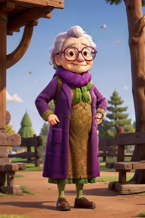 masterpiece, best quality, an old woman with glasses and a scarf on, wearing a purple coat and green scarf, standing at the park