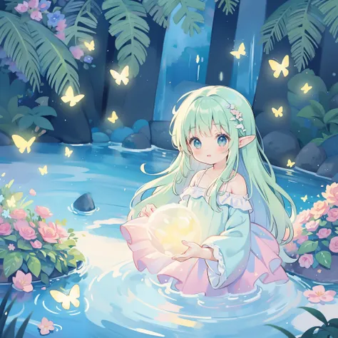 watercolor illustration, vibrant pastel colors, dreamy, colorful, whimsical, magical, masterpiece, best quality, sharp focus, intricately detailed environment, fine detail, 8k resolution, waterfall lagoon, beautiful elf girl in flowing sparkling layered ba...