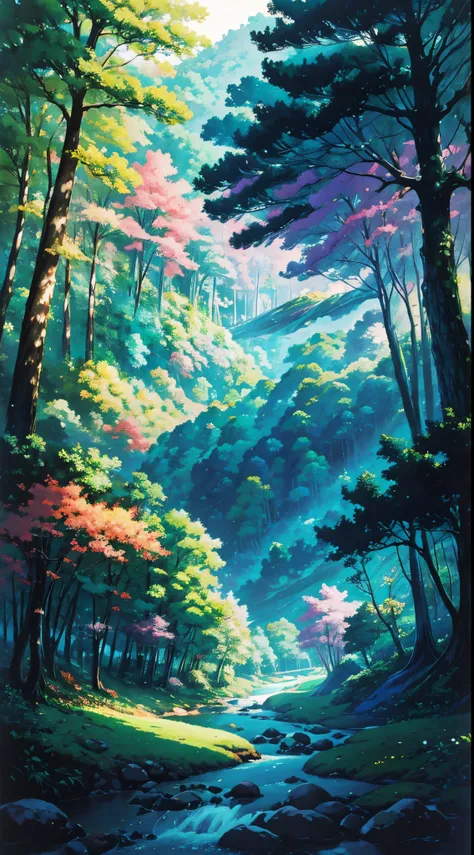 Garota anime, landscape forest pastel colors