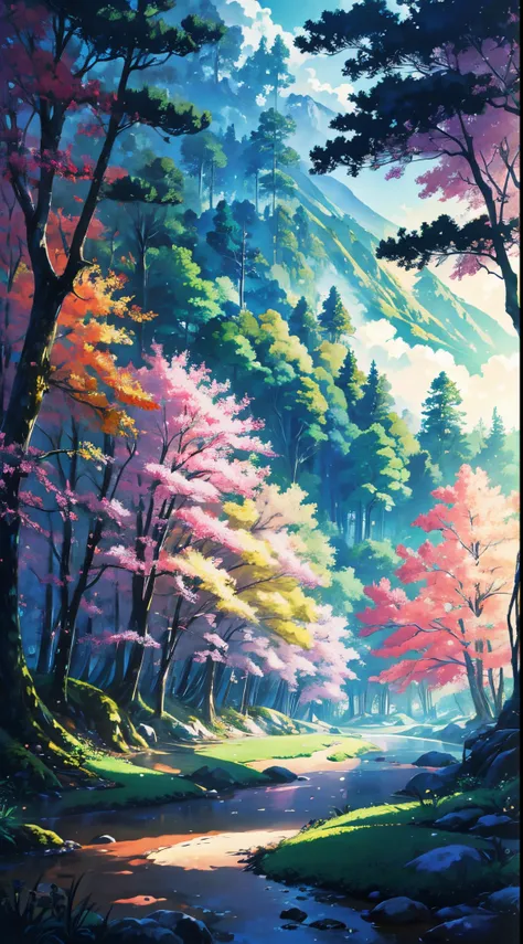 Garota anime, landscape forest pastel colors