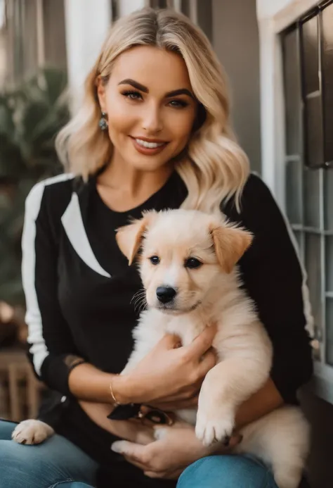 A photo of LA influencer chick posing with a super cute puppy at a dog rescue shelter.,original,She is blonde, young, beautiful, lives in Hollywood, and takes a selfie