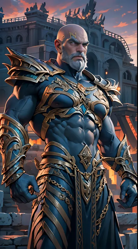 close up of a Mighty Atlantian warrior (((facing viewer))), ((frontal shot:1.2)), bald man, wearing a futuristic black and purple greek armor with , realistic gray beard, detailed muscular physique, lifelike depiction, 4K resolution. Set Atlantis temple at...