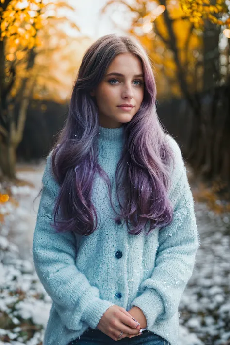 Photo of a beautiful woman looking at the camera, hombro, cintas para el cabello, Retrato de medio cuerpo, Colores pastel, Autumn lights, nieve y neblina