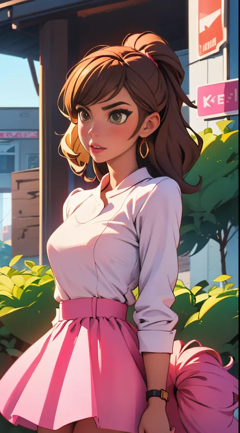 brown hair girl with blonde and pink peekaboo hair, dresses y2k/girly fortnite