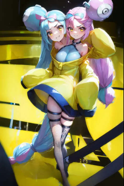 (3heads:1.5), pokemoniono, pokemon iono, blue hair, bow-shaped hair, character hair ornament, hair ornament, long hair, low-tied long hair, multicolored hair, pink hair, sharp teeth, split-color hair, twintails, two-tone hair, pink eyes, (smug:1.3), (bratt...