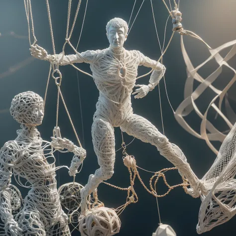 arafed man in a bodysuit is suspended on a string, string puppet, biomechanical garment, intricate transhuman, houdini render, houdini simulation, puppet on a string, intricate mechanical body, houdini 3 d render, subject made of white mesh rope, ((((octan...