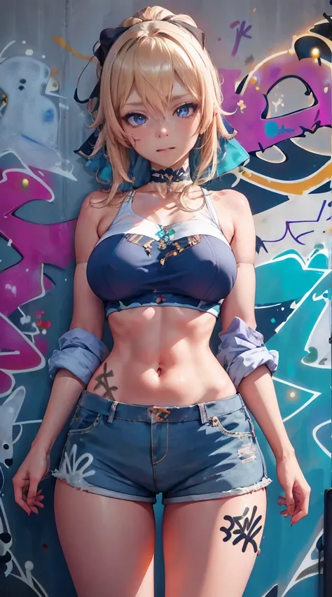 Jean Genshin Effect, master-piece, bestquality, 1girls,25 years old, shorts jeans, oversized breasts, ,bara, crop top, shorts jeans, choker, (Graffiti:1.5), Splash with purple lightning pattern., arm behind back, against wall, View viewers from the front.,...