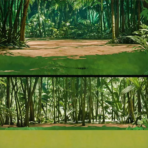 there are two pictures of a forest with a pond and a forest, background jungle, background art, jungle environment, forest backdrop, art nouveau jungle environment, the jungle at the background, jungle background, the background is lush jungle, various bac...