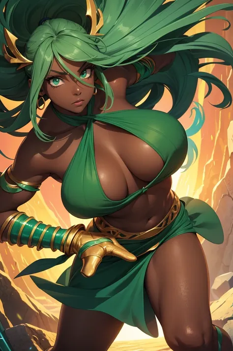 Dark skin woman, brown skin, long seafoam color hair with light green highlights, green emerald eyes, dark blue halter top, dark blue elbow length gloves, green emerald bracelets, bare legs, dark blue shorts, green emerald loincloth