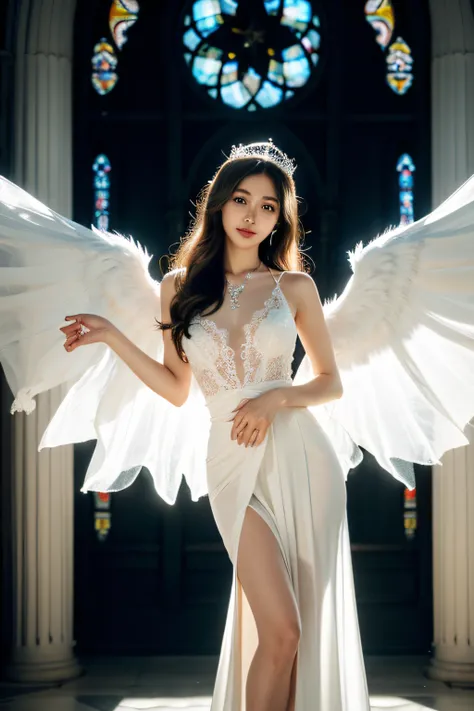 In front of the stained glass in the church、bride offering prayers、Whole body、8K、realphoto、超A high resolution, Master Parts, Best Quality, nffsw , cinematic images,Lovely girl、ann、1６years old、Anglo-Saxon、Green eyes、二重まぶた、very droopy eyes、（very, Very big ey...