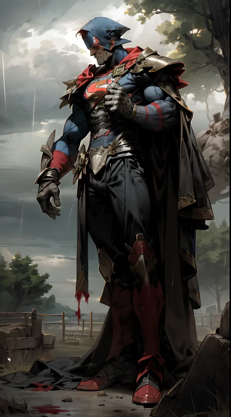 Kratos standing in front of Superman with the dead Superman lying and bleeding in front of him background with some trees and gray sky with clouds while it rains clear image