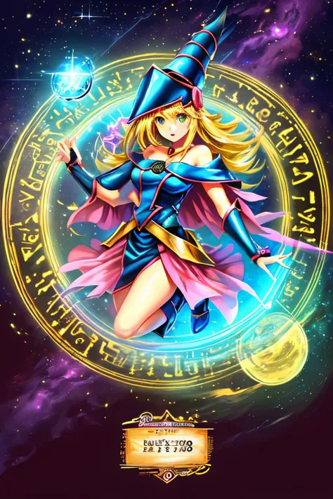 una chica maga oscura flotando tiernamente, magical aura, fantasy background, runa brillante, (( una tarjeta yu-gi-oh debajo de ...