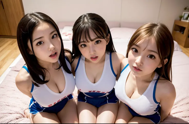 (8K,high-level image quality,hightquality,hight resolution,​masterpiece),(from above),(face focus),three cheerleaders in the bedroom,kneel in front of me and surround me,Try to look up here,nsfw,ahegao,afterglow