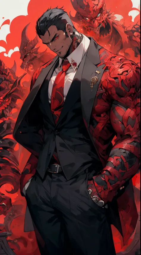 1male, black hair, red eyes, handsome, huge, evil, wearing a suit, smirk, 4k, official art, masterpiece, highly detailed, stunning quality