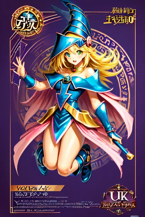 una chica maga oscura flotando tiernamente, magical aura, fantasy background, runa brillante, (( una tarjeta yu-gi-oh debajo de ...